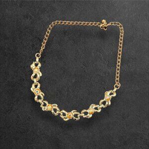 Vintage Gold Tone Necklace  Rhinestones Floral 15"  Classic Estate Jewelry